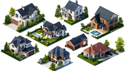 A collection of isometric showcasing a variety of suburban residential houses with diverse isolated on a transparent background