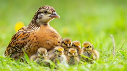 A mother quail with her chicks in a lush field, symbolizing care and nurturing in the natural world