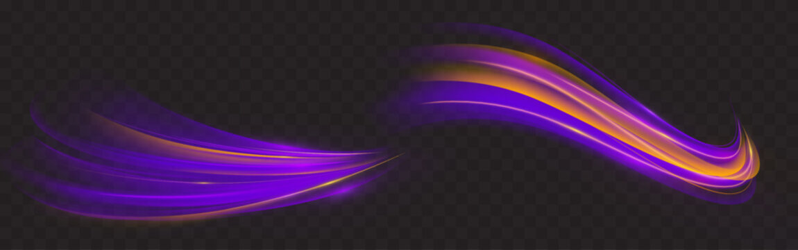 Futuristic light effects with speed trail wave motion for digital art - neon purple and orange swooshes in flowing energy ribbons on dark background. Dynamic velocity streaks with gradient glow.