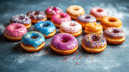 Multicolored donuts adorned with rainbow sprinkles resting on dark wooden surface, presenting tempting dessert array highlighting sugary bakery delicacies