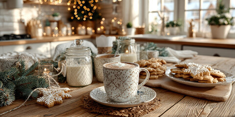 Warm cups of tea and plates of christmas cookies are decorating a wooden table in a cozy Scandinavian kitchen with Christmas tree and fairy lights