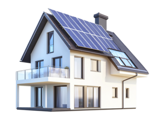 A private house with modern solar panels on the roof is isolated on a transparent background PNG