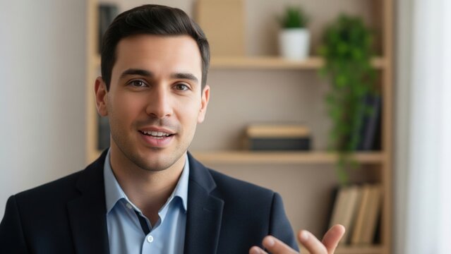 Young Caucasian man in formal suit talks while looking at camera. Bookshelf and plants in background. Indoor setting with soft lighting. Concept of business communication and video call