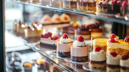 A cafe window with restaurant desserts beautifully displayed on a shelf - a sweet composition for advertising a cafe, pastry shops and a restaurant menu