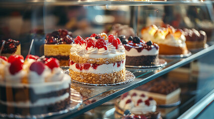 Various restaurant desserts are beautifully laid out on a shelf in a cafe - a delicious sweet composition for advertising pastry shops, restaurants and menus