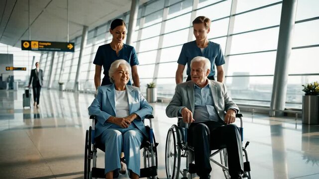 Caregivers Assisting Seniors in Wheelchairs at Airport Terminal