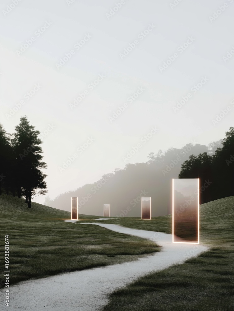 Poster pathway in the middle of a grassy field with trees on either side. the pathway is made of concrete a