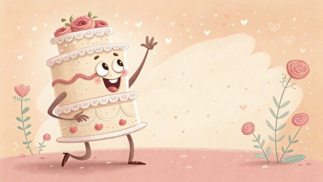 This sweet, cartoon-style tiered cake mascot with roses and a waving hand is perfect for bakery websites, wedding planning blogs, or birthday event invitations.

