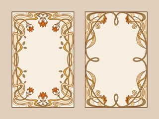 Vintage ornamental designs in art nouveau style with floral frame borders for elegant presentations. Botanical panels with intertwined vines and blooms. Decorative templates for invitations.