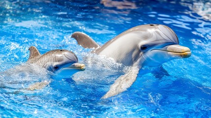 A pair of dolphins swim gracefully in clear blue waters, embodying freedom and the beauty of marine life