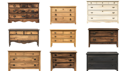  A collection of various wooden dressers chests of drawers and cabinets in different styles isolated on a transparent background.