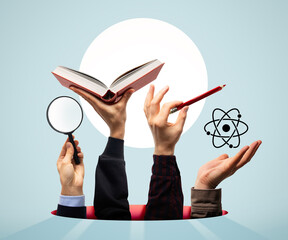 Hands holding different objects pencil magnifying glass open book and atom symbol.