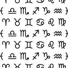Handdrawn zodiac constellations and celestial symbols seamless pattern black on white background. Modern and mystical design for spiritual and astrological themes. Vector zodiacal print.