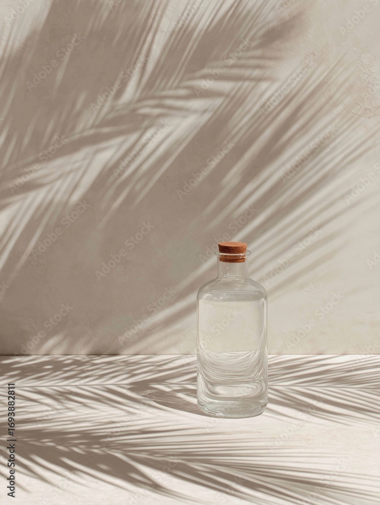 Poster small glass bottle with a cork stopper on top. the bottle is empty and is placed on a white surface.