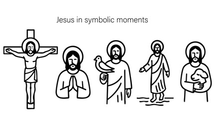 Vector illustration of Jesus in symbolic moments, crucifixion, prayer, dove, walking on water, lamb