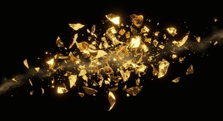 Gold fragments exploding against a black background with smoke