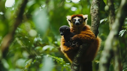 A protective lemur holds its baby in the lush rainforest, highlighting their close bond and natural habitat