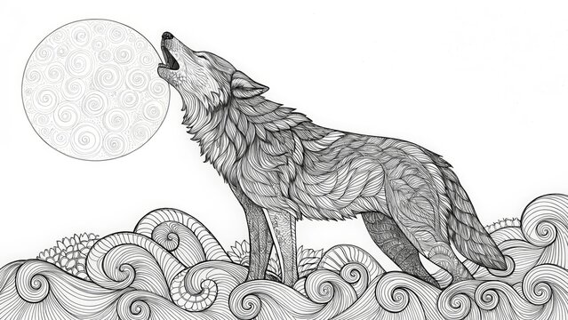 Detailed black and white line art of a wolf howling at a patterned full moon, standing on stylized swirling water. Perfect for nature, fantasy, mythology, or adult coloring book blogs/sites.