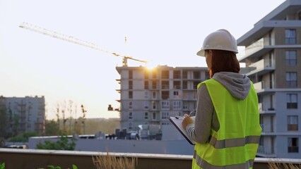 Construction female engineer taking notes and writing on clipboard while inspecting a building site