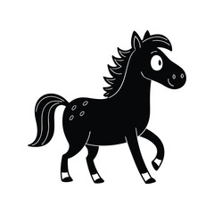A whimsical black cartoon horse with large expressive eyes and a playful mane prancing with a joyful stride against a clean white background