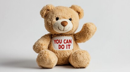 Obraz premium Cute teddy bear toy sitting with raised paw and text you can do it on shirt symbol of support love and care
