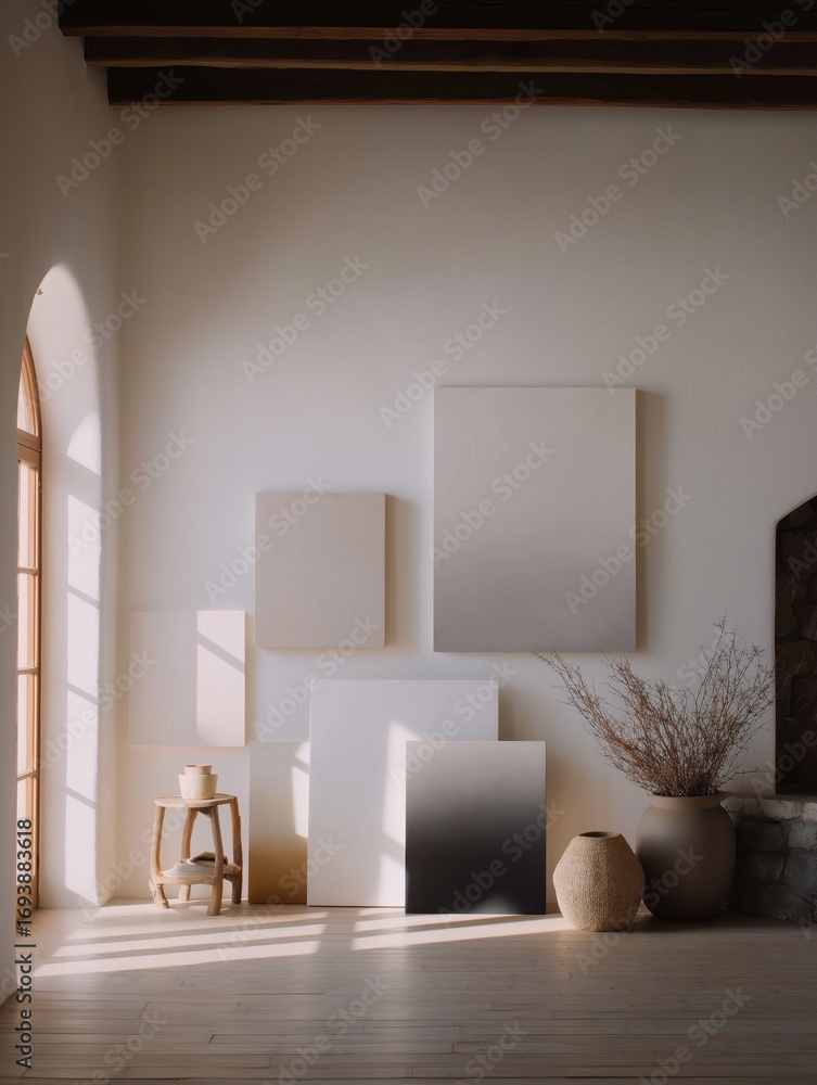 Poster empty room with a high ceiling and wooden beams. the walls are painted white and there is a large ar