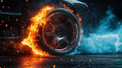 Car wheel with fire and smoke effect on dark road symbolizing speed power adrenaline racing and extreme energy