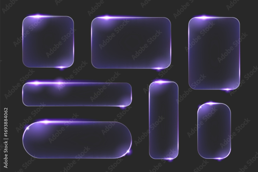 Poster neon glass frame set with purple glow effects and rounded corners for modern ui design. dark transpa