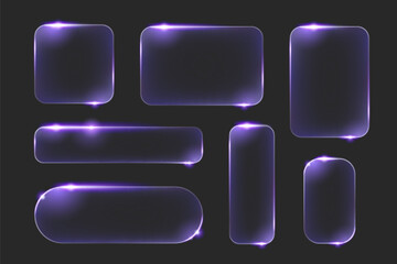 Fototapeta na wymiar Neon glass frame set with purple glow effects and rounded corners for modern UI design. Dark transparent panels with bright edge lighting and various rectangular shapes. Futuristic buttons or banners