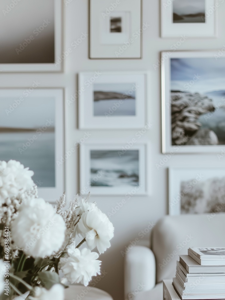 Poster Living room with a white wall covered in multiple framed photographs. the photographs are arranged in a grid-like pattern and are of different sizes and shapes.