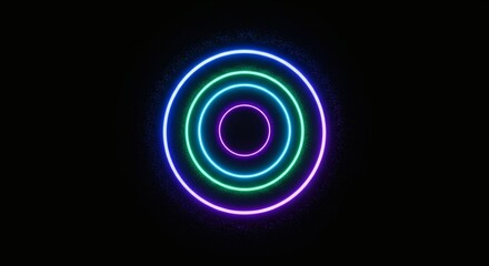 Neon concentric circles on a dark background with sparkling particles