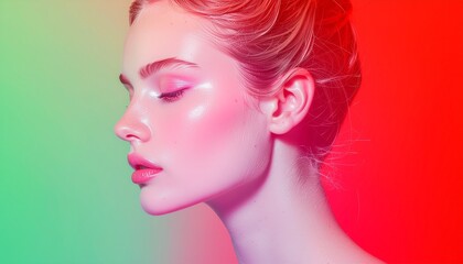 Naklejka premium Profile view of a woman with natural makeup against a vibrant pink red and green gradient background