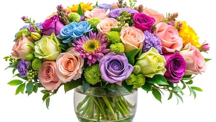 Colorful flower arrangement in glass vase isolated on white background