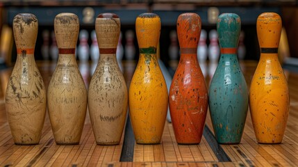 a row of vintage wooden bowling pins
