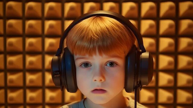 Young boy wearing oversized headphones in a soundproof recording booth with pyramid foam panels, looking at the camera.