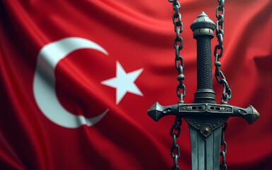 Naklejka premium Combat Sword with Broken Chains and Turkish Flag Symbolizing Turkey Freedom. High quality