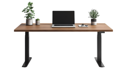 Adjustable wooden desk with potted plants and laptop showcasing isolated on a transparent background