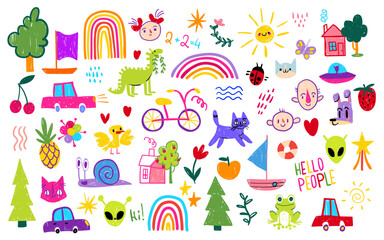 Kid rainbow school doodle set with colorful animals and cars, trees, sun and playful characters for children. Bright hand drawn elements. Childish sticker set for nursery or educational materials.