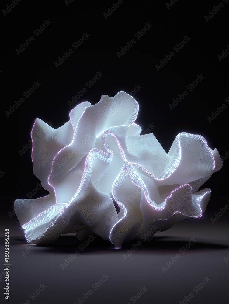 Poster digital art piece that appears to be a 3d rendering of a large, abstract flower. the flower is made 