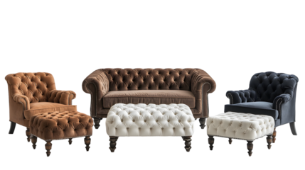 An assortment of elegant tufted furniture pieces including ottomans benches and armchairs isolated on a transparent background
