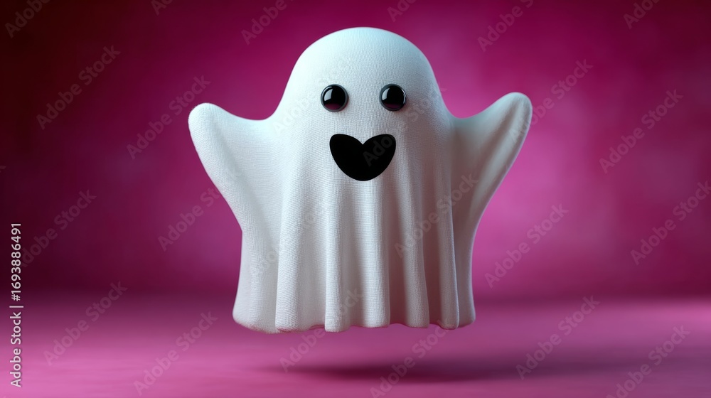 Poster a ghostly figure with a white sheet and a smile on its face. the ghost is floating in the air and he
