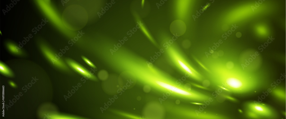 Poster firefly effect with bright green light rays and bokeh circles on dark background for dynamic motion 