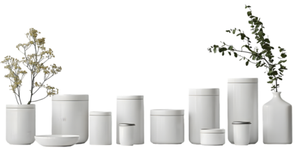 Arrangement of various minimalist white containers packages canisters and jars isolated on a transparent background
