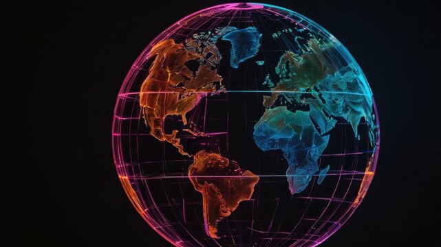 Minimalist neon hologram of rotating globe on dark background