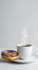 Warm coffee beside a colorful donut creates a delightful breakfast moment in a simple setting