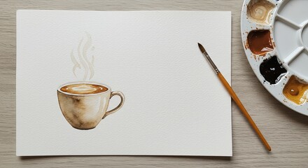 Creative watercolor painting of a steaming coffee cup on textured paper with an artist's brush nearby