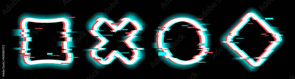Poster glitch frame bug shapes with distorted neon borders and digital interference for cyberpunk interface