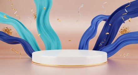 White podium surrounded by flowing blue and teal fabric with gold confetti