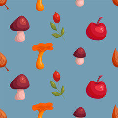 Seamless autumn pattern with mushrooms, apple and rosehip berries on a blue background. Flat vector illustration.