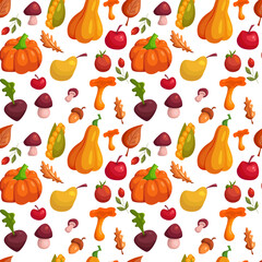 Pattern with autumn fruits. Harvesting vegetables fall. Autumn seasonal food. Vector flat illustration.